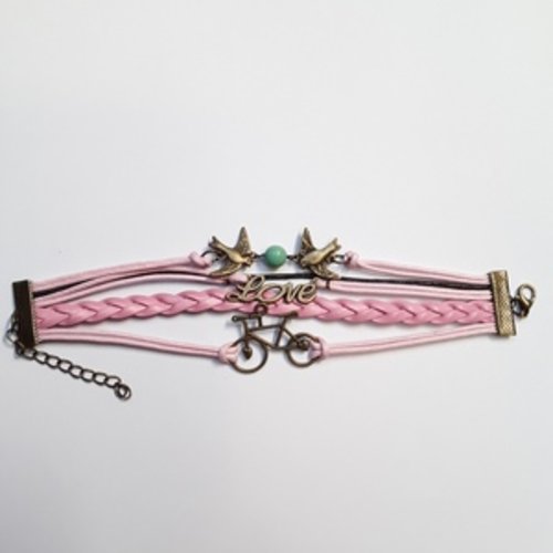  1 bracelet 17cm coton enduit rose love oiseau vélo bronze simili cuir