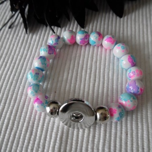  bracelet pression perle de verre bleu rose blanc 18cm 