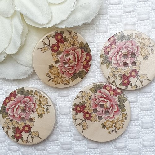  lot de 4 boutons fleur 30x5mm bois beige multicolore plat