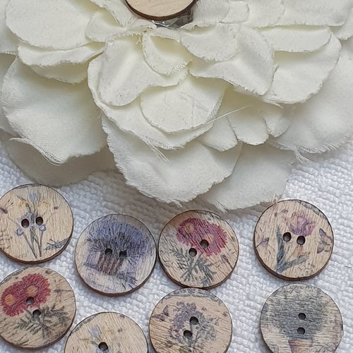 6 boutons fleur plante 20x2.5mm bois brulé multicolore