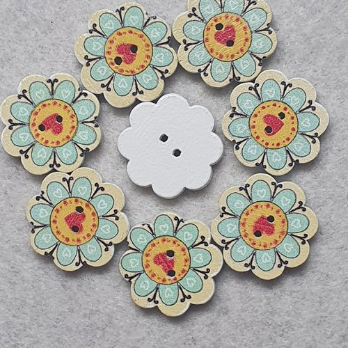 6 boutons fleurs vert jaune 20x3mm bois
