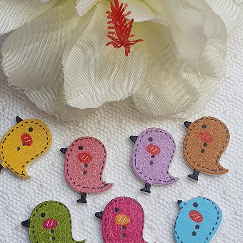 6 boutons oiseau poussin jaune 26x24x3mm bois