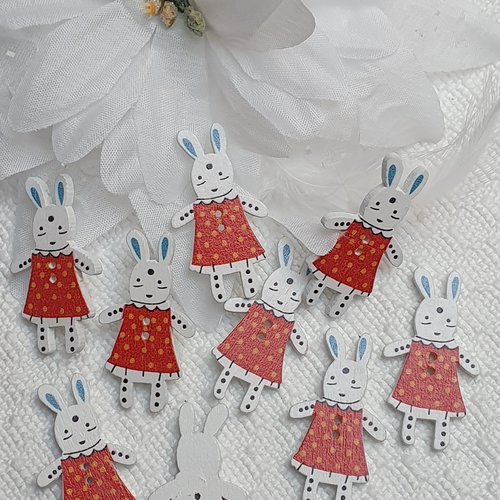5 boutons lapin 31x20x2.3mm rouge blanc bois