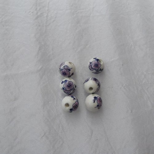3 perles ronde fleur 12x11.5mm céramique bleue blanche