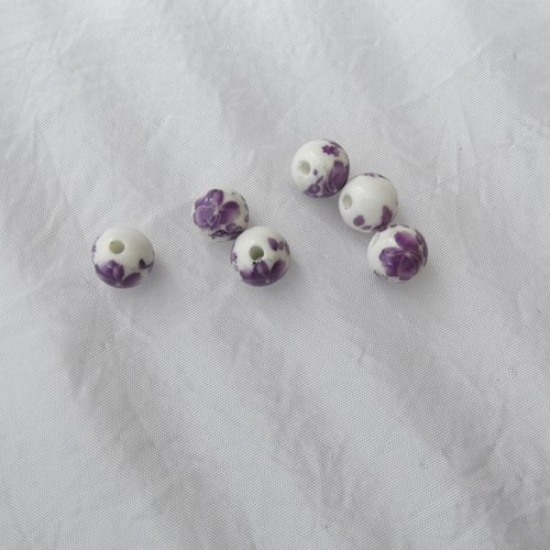 3 perles ronde fleur 12x11.5mm céramique violet blanche