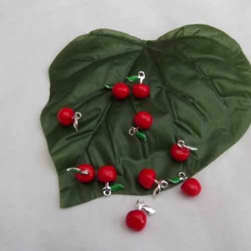 1 breloque pomme rouge très lourde argenté vert 18x15mm