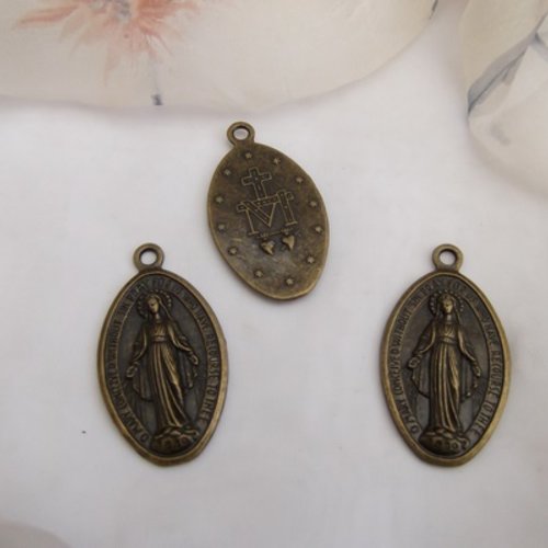  1 pendentif religieux vierge miraculeuse bronze ciselé recto verso 4.8x2.6x0.35cm