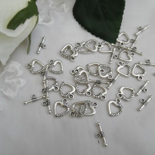 Lot de 3 sets fermoirs toggle coeur argent tibétain15x12mm/16x5mm