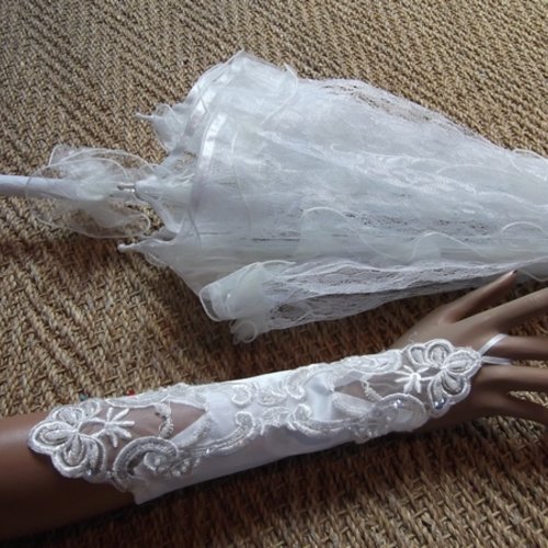  gant de mariée mitaine satin et dentelle blanche