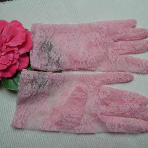 Paire de gant mitaine dentelle rose polyester 21cm