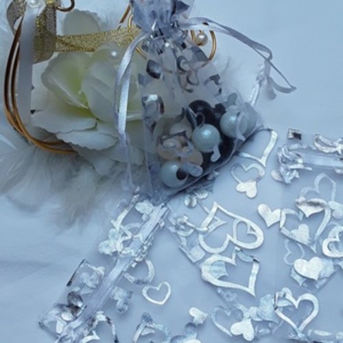 Lot de 10 ballotins 12x8.5cm blanc argenté coeur sachet