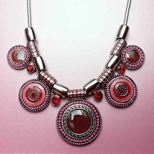 Collier ethnique rouge bordeaux rose argent tibétain émail strass de.........