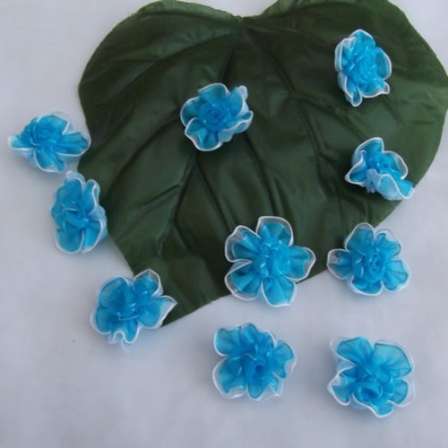 Lot de 3 fleurs bleu blanc en organza de soie double pétale 3.2cm 