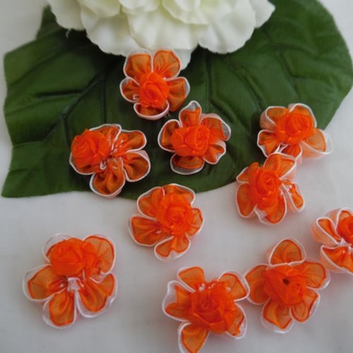 Lot de 3 fleurs orange vif blanc en organza de soie double pétale 3.2cm