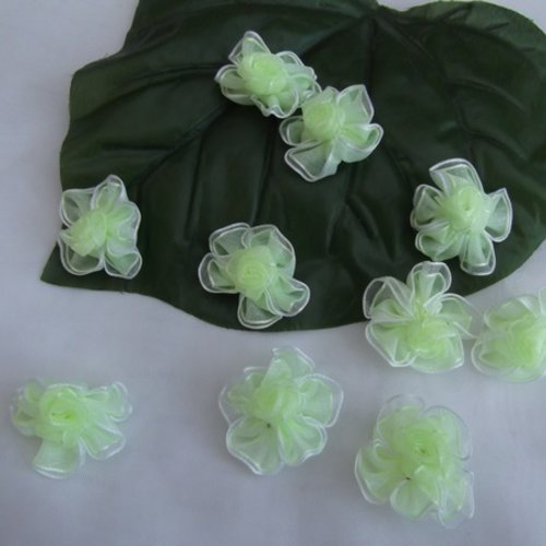  lot de 3 fleurs vert pastel blanc en organza de soie double pétale 3.2cm
