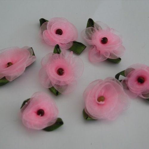  lot de 3 fleurs rose et verte en organza sur 3 paliers 3.5cm