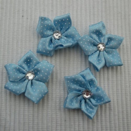 4 fleurs satin bleue à pois blanche strass 3.2cm