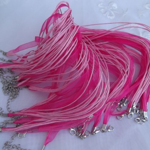  collier corde rose ruban organza fuchsia 43cm
