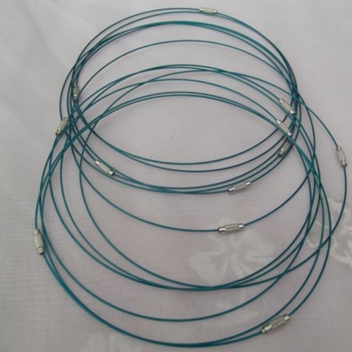 Collier bleu turquoise cordon fil acier avec fermoir à visser 46cm