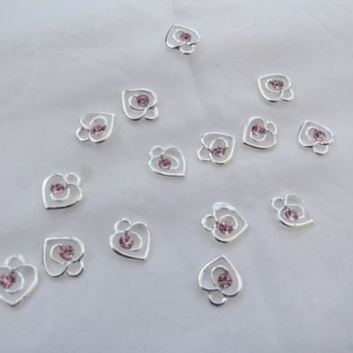1 pendentif coeur et strass rose prune argent tibétain 13x12mm