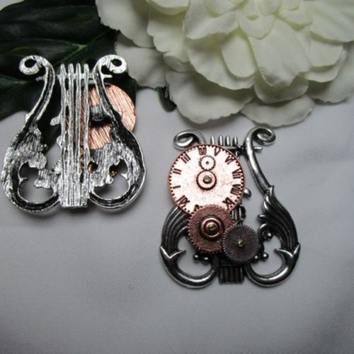 1 pendentif engrenage lyre cuivré argent tibétain 5.4x4.6cm