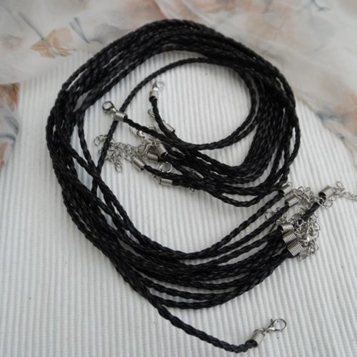 1 cordon collier simili cuir noir torsadé rond 43cmx3mm