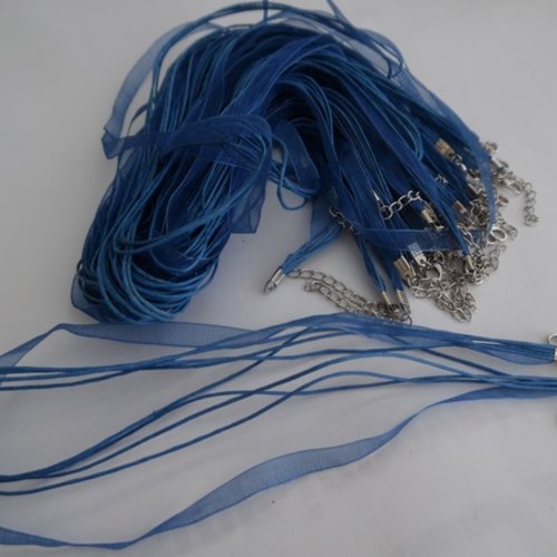 1 collier corde violet ruban organza bleu foncé 43cm 