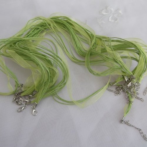  1 collier corde violet ruban organza vert anis 43cm 