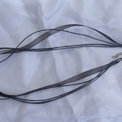 1 collier corde violet ruban organza gris très foncé 43cm