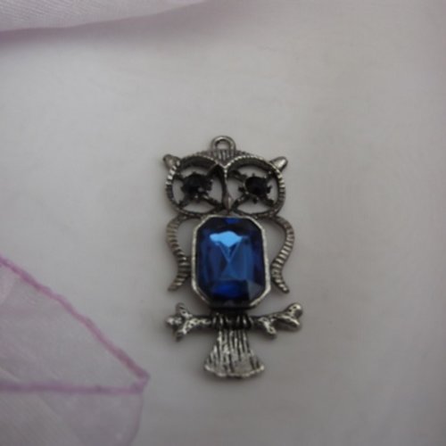 1 pendentif  hibou chouette bleu nuit roi 5.5x2.75cm sur branche strass argent tibétain 