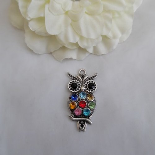 1 pendentif hibou chouette 4.75x2.4x0.5cm strass multicolore argent tibétain 
