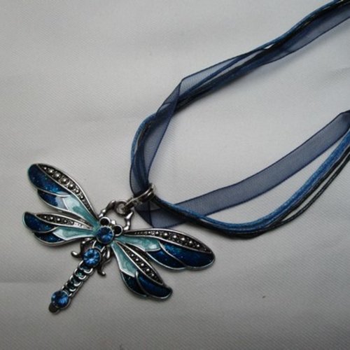 1 collier libellule émaillé ton bleu 4.1x4cm strass argent tibétain 42cm