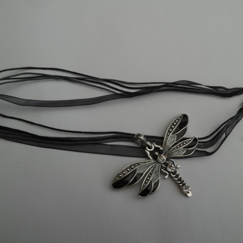  1 collier libellule émaillé ton gris noir 4.1x4cm strass argent tibétain 42cm