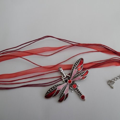 1 collier libellule émaillé ton rouge 4.1x4cm strass argent tibétain 42cm