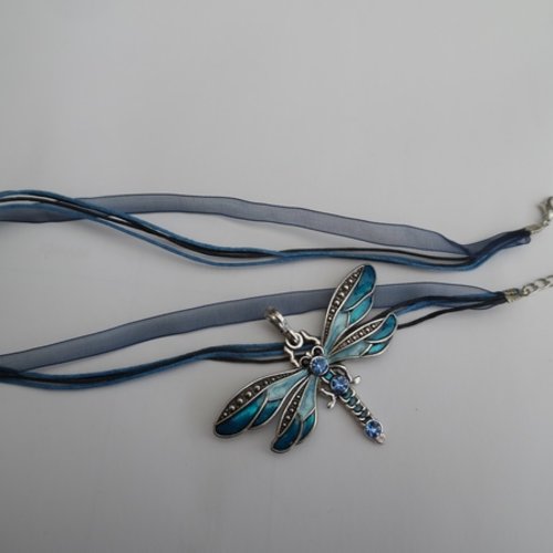 1 collier libellule émaillé ton bleu turquoise 4.1x4cm strass argent tibétain 42cm 