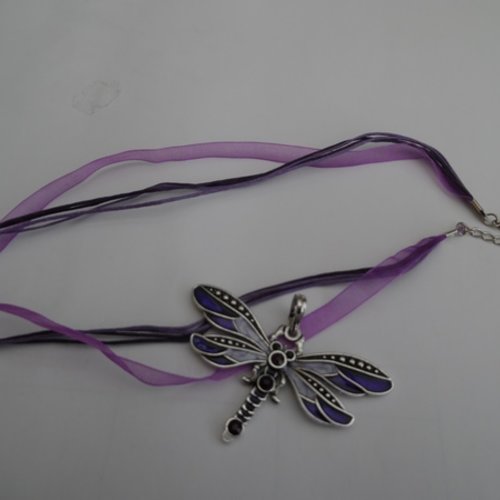 1 collier libellule émaillé ton mauve violet 4.1x4cm strass argent tibétain 42cm