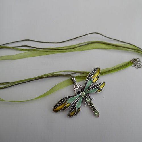 1 collier libellule émaillé ton vert 4.1x4cm strass argent tibétain 42cm