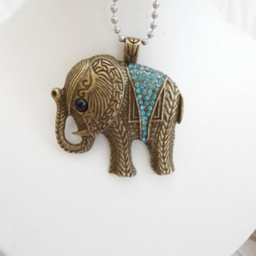 1 pendentif éléphant ciselé 5.3x5cm strass bleu bronze