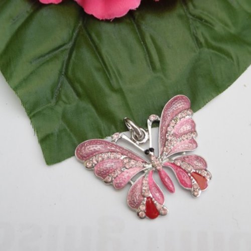 1 pendentif papillon émail 5.1x4.1cm tons roses strass cristal autrichien 