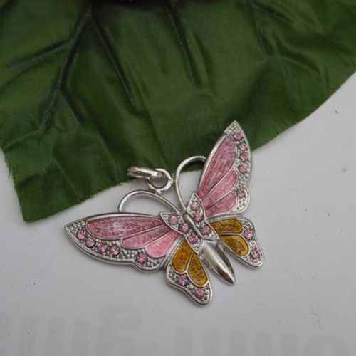 1 pendentif papillon émail 3.5x5.2cm roses or strass cristal autrichien 