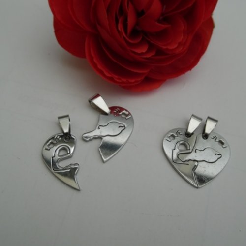 1 pendentif coeur clé cadenas acier inoxydable 31x13/31x18mm argenté 