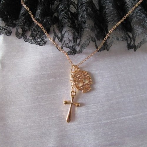 Pendentif collier tête de mort croix doré à l'or 9k de 2.2x2cm/2x1.6cm strass cristal