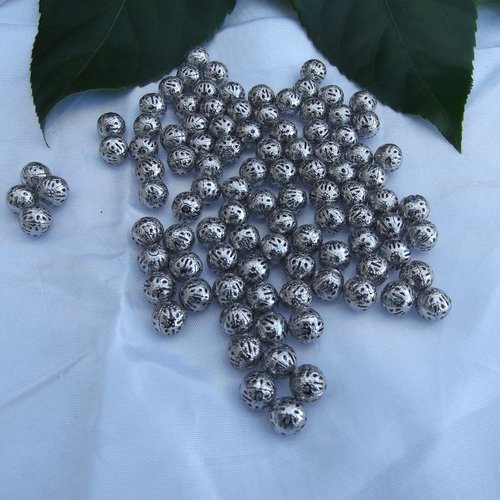 Lot de 10 perles filigrane rondes 10mm argenté gris