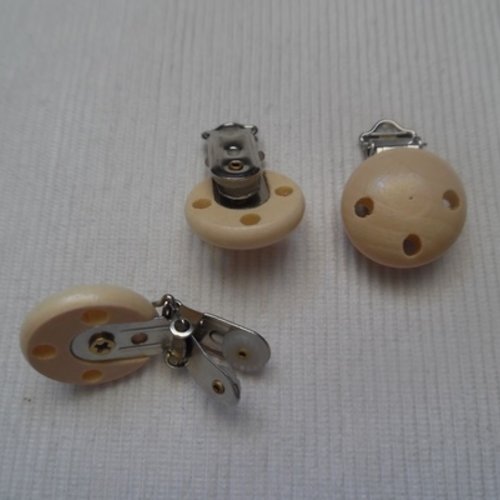   1 attache clip pince tétine bébé 2.9cm rond écru chair bois