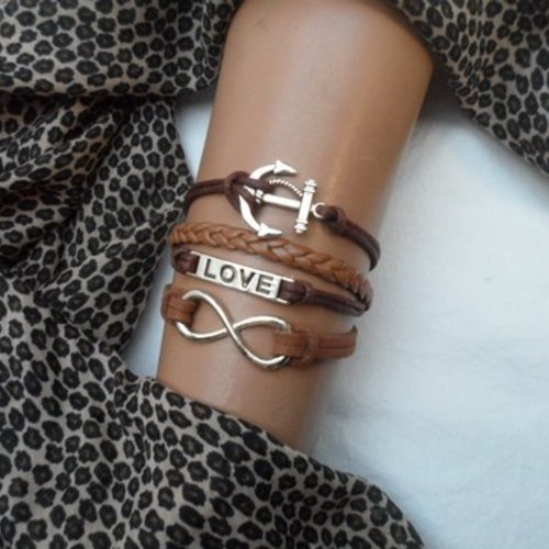 1 bracelet 16cm tissé café et chocolat love,infini,ancre argent tibétain