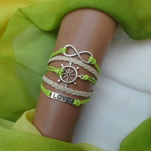 1 bracelet 17cm tissé vert anis beige love ancre infini argent tibétain simili cuir