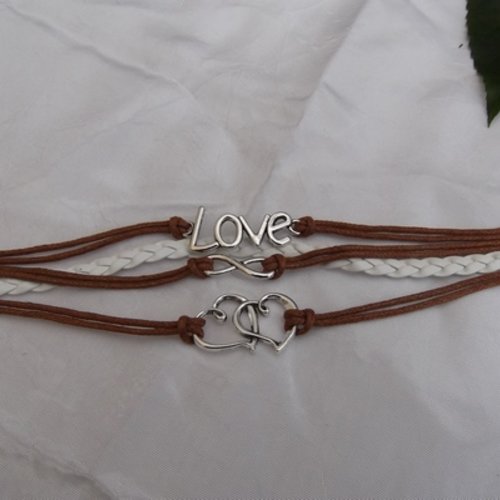 1 bracelet 18cm tissé café love infini coeur argentée simili cuir