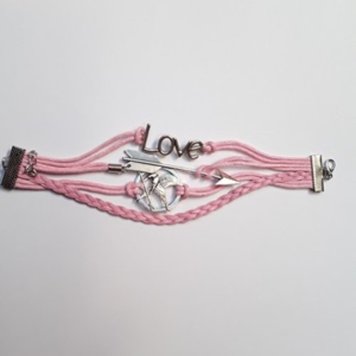 1 bracelet 17cm coton enduit rose love flèche geai moqueur argent tibétain simili cuir
