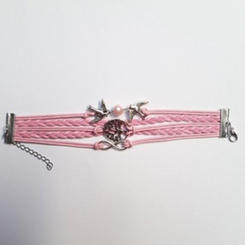 1 bracelet 17cm coton enduit rose oiseau arbre infini argent tibétain simili cuir