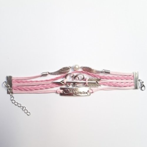  1 bracelet 16cm coton enduit rose coeur aile flèche direction argent tibétain simili cuir